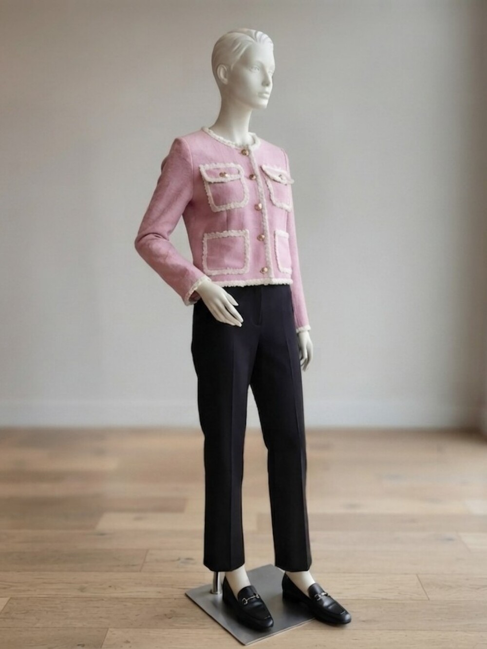 Chic Pink Tweed-Style Jacket with Gold Buttons & Frayed Trim - Size XL Pre-owned